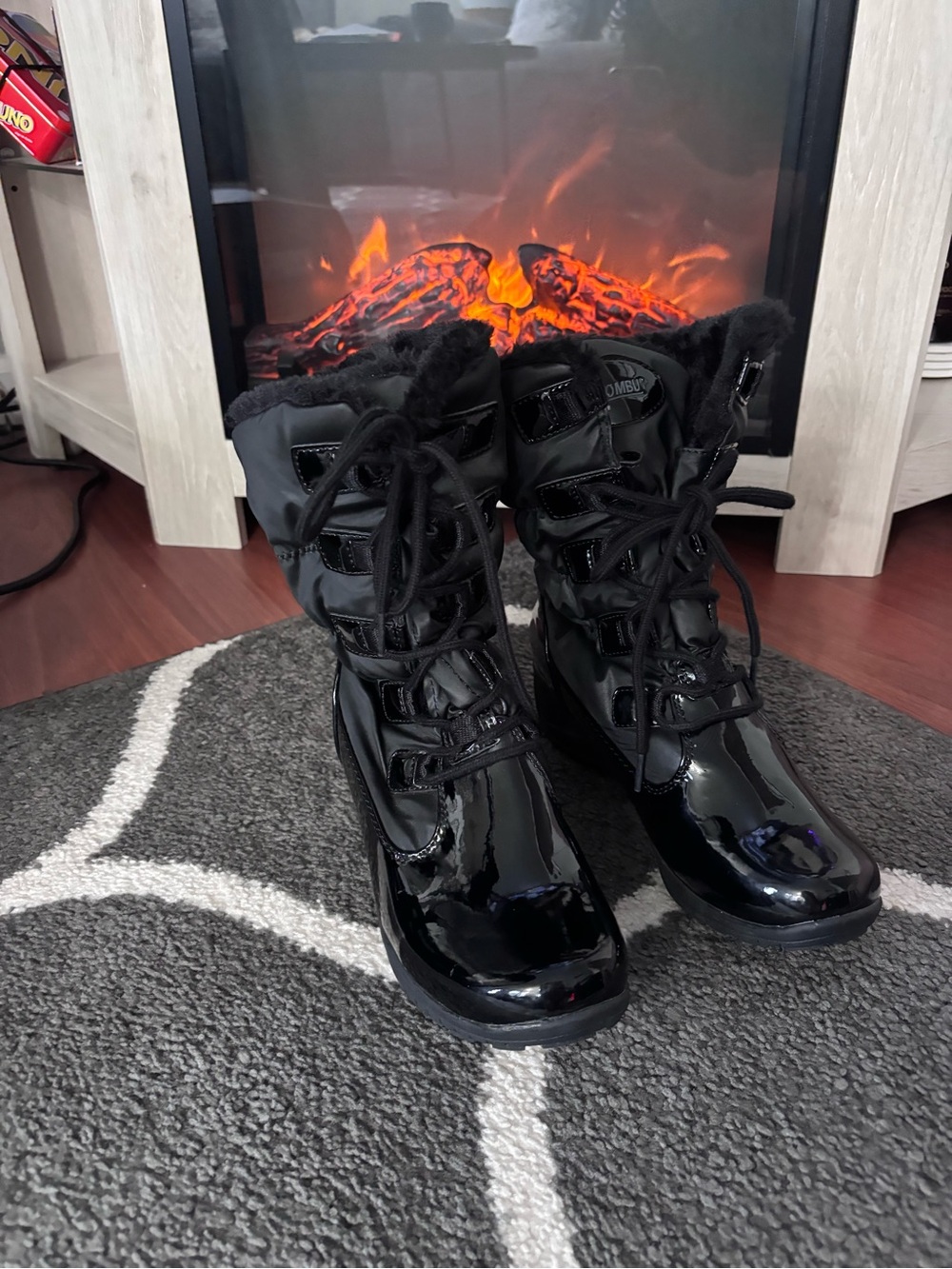 Khombu Black Patent Lace-Up Winter Boots with Faux Fur Collar